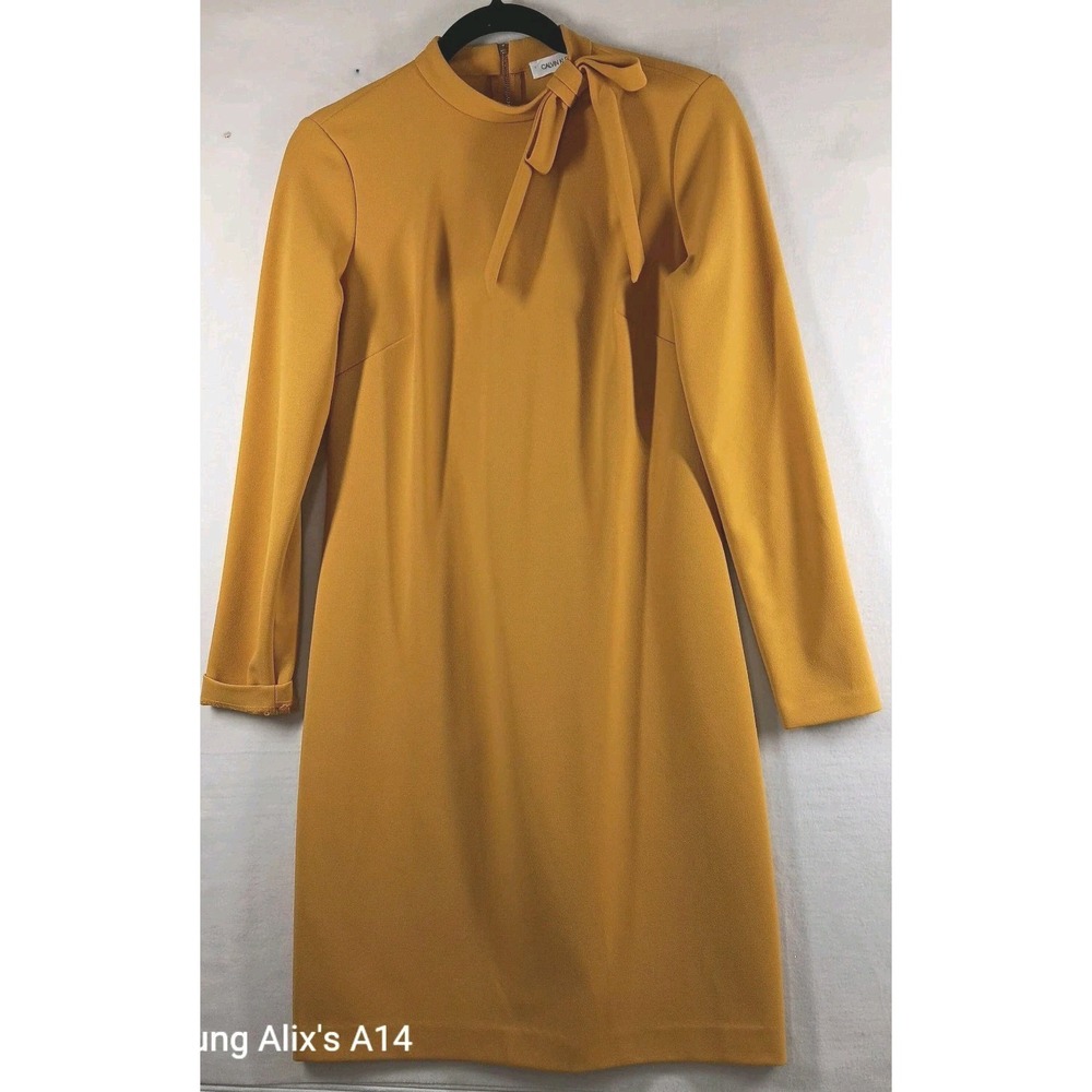 Calvin Klein Dress Women Sz 4 Mustard Crepe Bow Retro Glam Royal‎ Secretary $134
